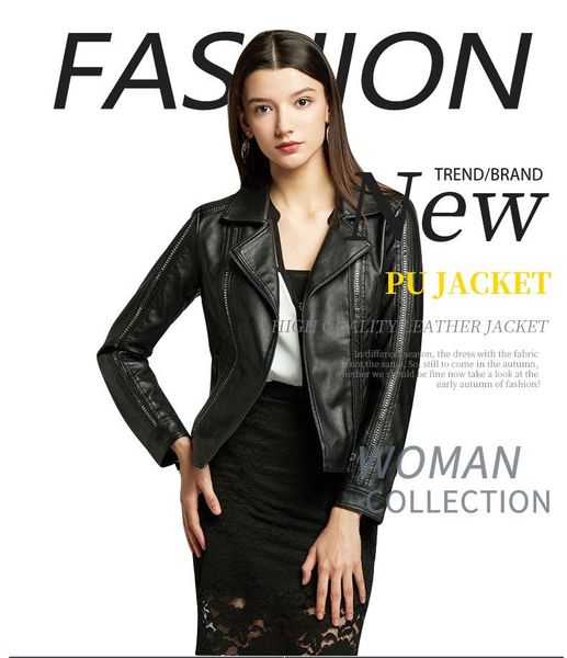 

women's jacket leather trend oblique zipper v-neck jackets, Black;brown