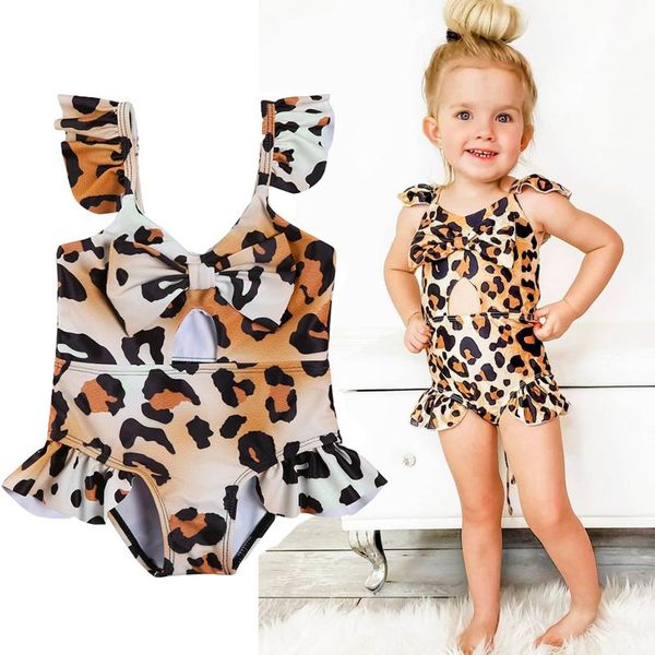 

little girl's leopard print jumpsuit 2021 o-neck sleeveless hollowing out short pants one-piece swimsuit with bow one-pieces, Black