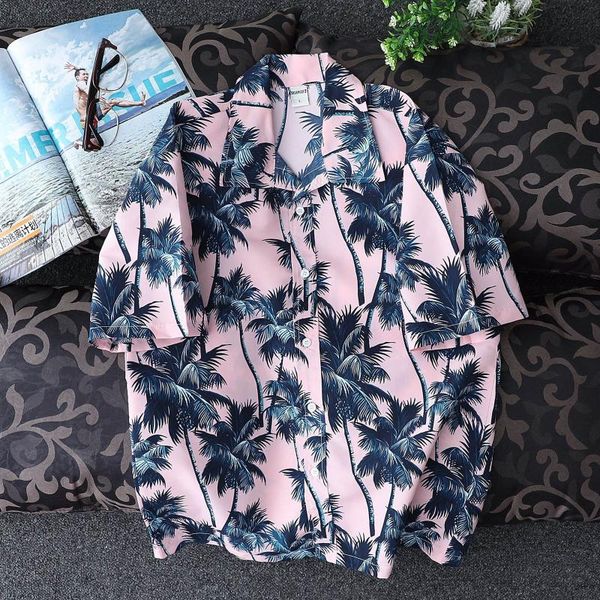 

men's casual shirts fashion hawaiian shirt short sleeves coconut tree printed button lapel summer beach loose blouse camisa masculina#, White;black