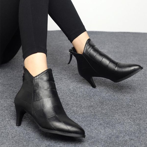 

ankle for women pointed shoes ladies leather back zipper high-heeled short boots fashion booties warm non-slip cbs8, Black