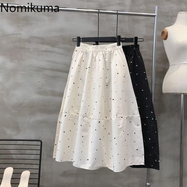

skirts nomikuma korean dot elegant woman causal a-line 2021 summer high waisted mid-calf skirt fashion faldas mujer moda 6h634, Black