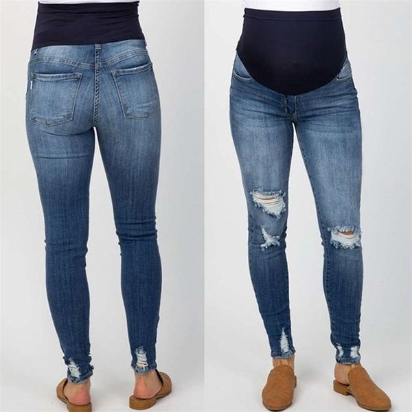 

women's jeans 6t1spring and autumn broken hole belly support pregnant denim bottoming pants 043h, Blue