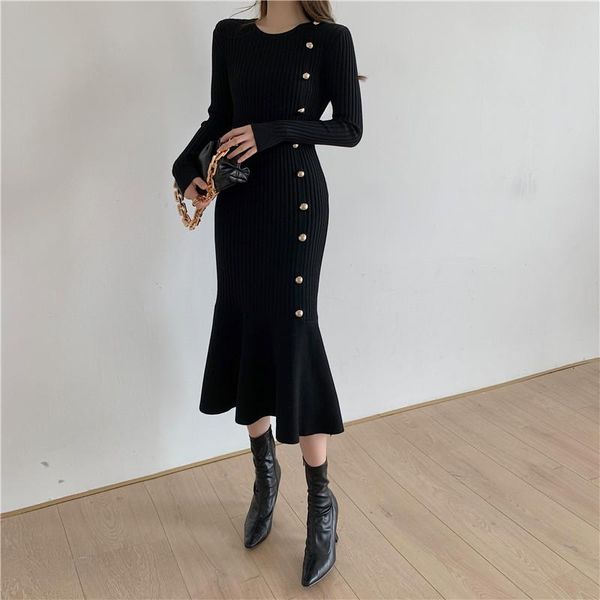 

casual dresses fitaylor autumn winter office lady o-neck buttons high waist knitting dress women elegant long sleeve a-line slim fishtail, Black;gray