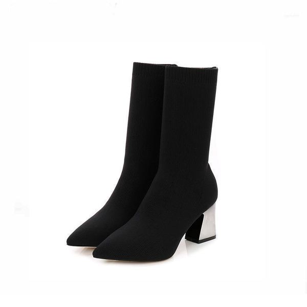 

boots women pointed toe 5cm chunky high heel dress ankle half autumn winter warm office shoes woven stretch fabric footwear11, Black
