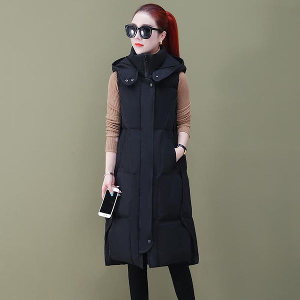 

women's vests women's long vest solid hooded zipper pockets ladies sleeveless jackets autumn winter casual waistcoat for female, Black;white