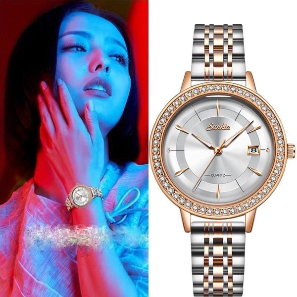 

wristwatches 2021 lady crystal watch women dress rhinestone rose gold quartz watches female stainless steel, Slivery;brown