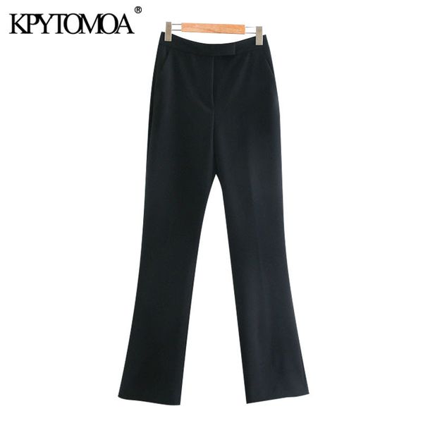 

women fashion office wear side pockets flared pants vintage high waist zipper fly female trousers mujer 210416, Black;white