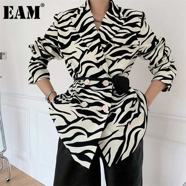 

[eam] women zebra pattern big size blazer lapel long sleeve loose fit jacket fashion spring autumn 1db329 211006, White;black