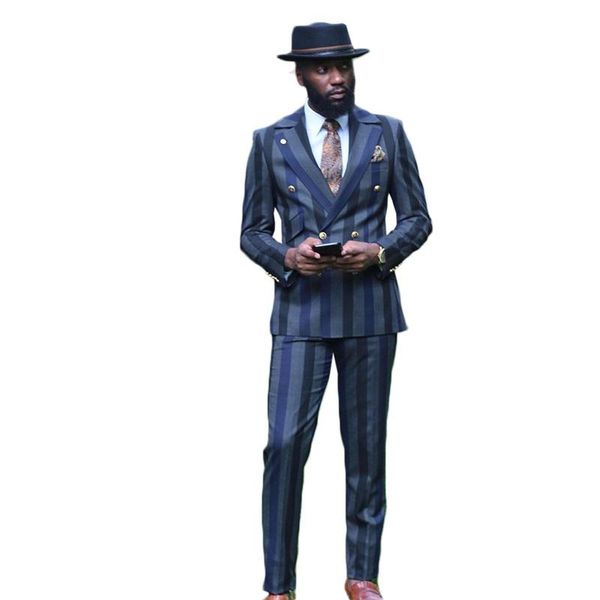 

two pieces grey men suits custom made thick stripes spring double breasted tuxedos metal button coat+pant men's & blazers, White;black