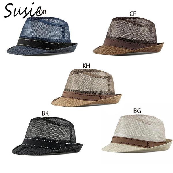 

stingy brim hats summer breathable mesh men women jazz hat solid color handmade braided short adjustable beach sun visor panama bucket cap, Blue;gray
