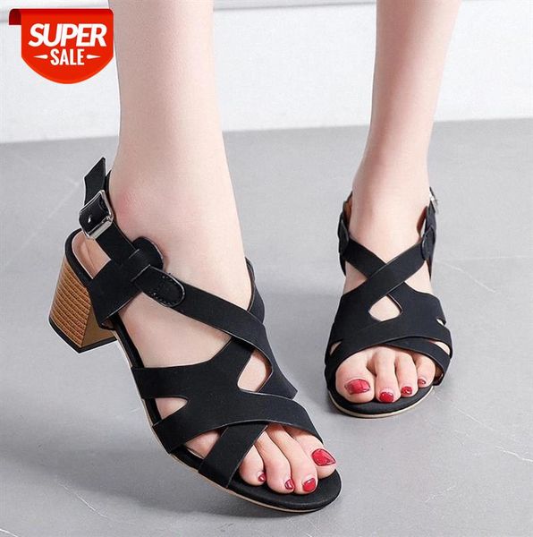 

2020 new summer open toe high heel sandals women retro comfort square rear ankle strap 3 colors #8x1r, Black