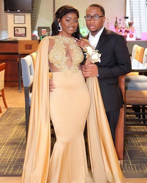 

modest mermaid prom dresses with cape lace applique illusion bodice beaded sweep train african girl evening formal gowns, Black
