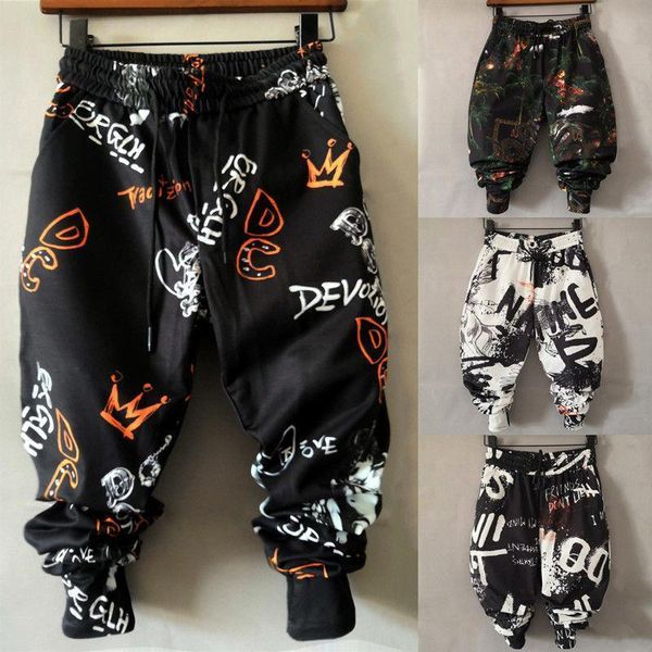 

men's pants summer printed men's casual haroun youth korean slim ankle-length skinny harem japanese streetwear, Black