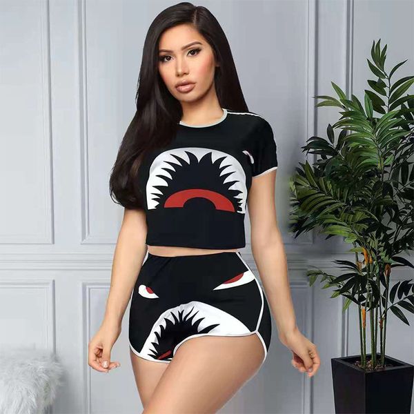

women's tracksuits two-piece casual shark print suit short sleeve slim pants, Gray