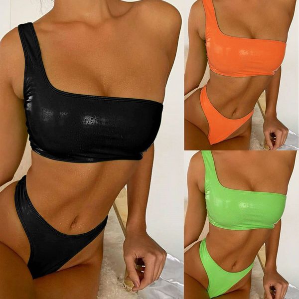 

swimwear 2021 bikini one shoulder bright leather women, White;black