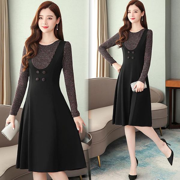 

casual dresses women vintage female black midi autumn winter -4xl plus size solid long sleeve elegant temperament dress, Black;gray