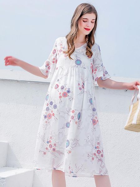 

pregnant women's chiffon floral skirt summer short sleeve fashion maternity dress dresses, White
