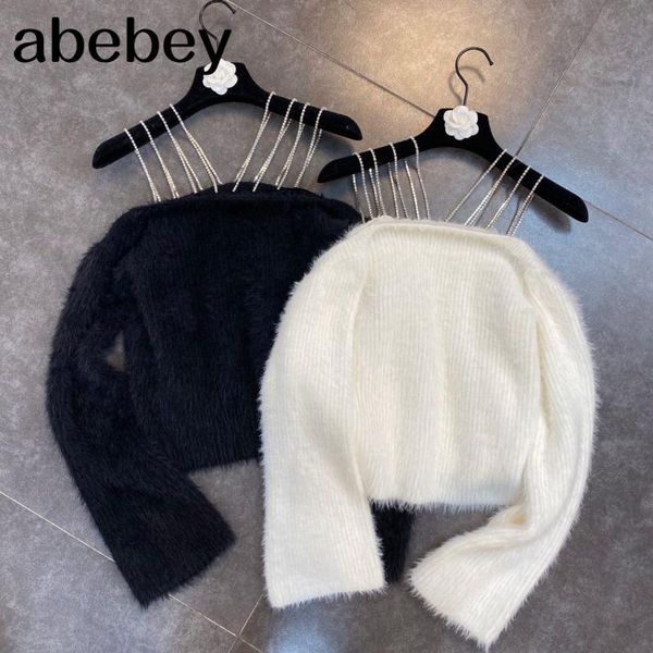 

autumn winter women style fashion diamond shoulder strap long sleeve slash neck mink short sweater rc917 women's sweaters, White;black