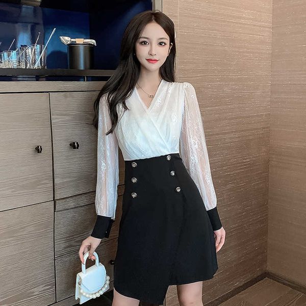 

elegant long sleeve dress for women autumn vintage female office lady ol work dresses lace patchwork vestidos 210529, Black;gray