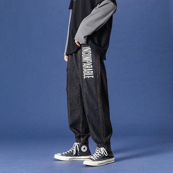 

casual jeans men's autumn hip-hop loose baggy pants hiphop printed letters tie feet washed pockets cowboy elastic waist trousers, Black