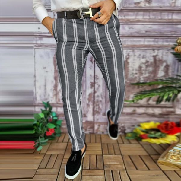 

men's pants autumn winter business casual mid waist trousers men vintage striped printed slim fit pencil mens fashion all-match, Black