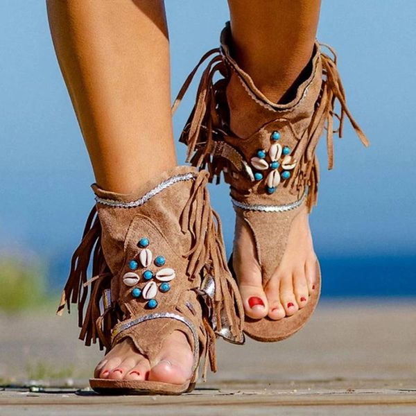 

women's retro sandals gladiator ladies clip toe vintage boots casual tassel rome fashion summer shoes female 2021, Black
