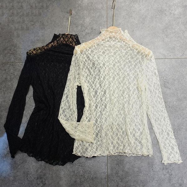 

spring and summer lace bottoming long sleeve women stand collar slim fit inner wear net dress shirt women's t-shirt, White