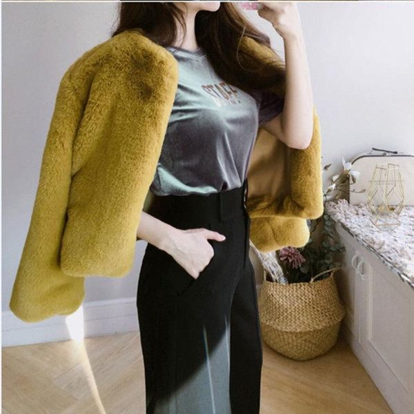 

women's fur & faux 2021 women autumn winter korean fashion coat open front thick warm jacket outerwear short overcoat a267, Black
