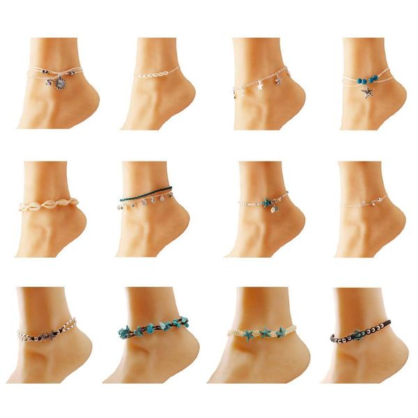 

anklets 16-piece shell rice bead anklet female -selling beach footwear set in europe and america, Red;blue