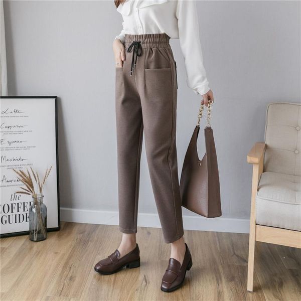

women's pants & capris s-5xl plus size women woolen casual elastic high waist ankle length autumn winter trousers chic pencil harem, Black;white