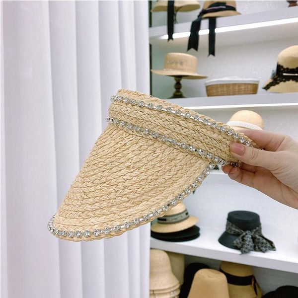 

wide brim hats women's summer hat sun visor empty rhinestone edge protection cap female beach raffia, Blue;gray