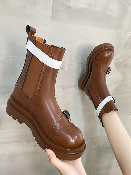 

boots rock shoes woman riding clogs platform round toe boots-women flat heel black rubber 2021 high lace-up cotton fabric