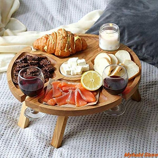

camp furniture 2 in 1 wooden outdoor folding picnic table with wine glass rack for camping travel round foldable desktop