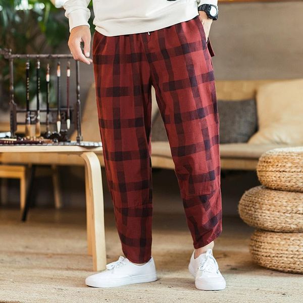 

style autumn cotton linen men fashion casual loose plaid harem pant streetwear trousers male hip hop pants jogger sweatpants men's, Black