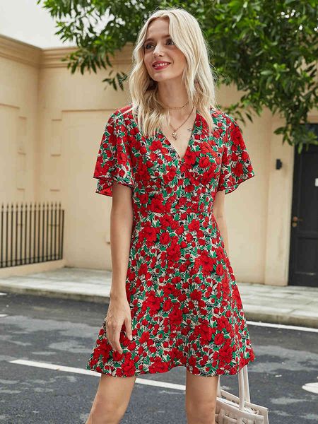 

summer red floral dress women v neck mini dress casual print butterfly sleeve holiday chic lady swing short dress vestidos 210521, Black;gray