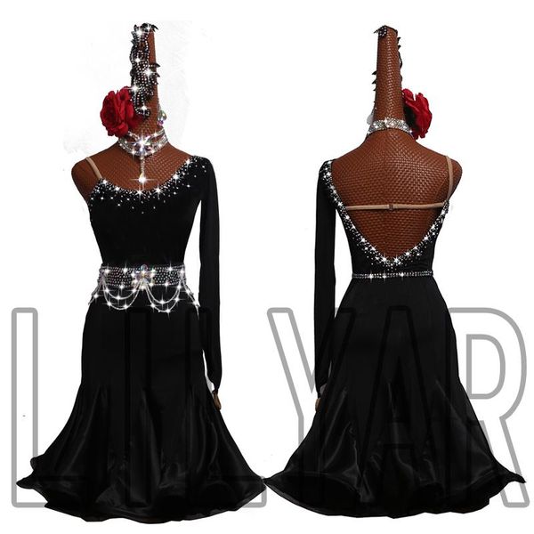 

stage wear shining diamond latin dance dress women black performance competition suit dresses female evening, Black;red