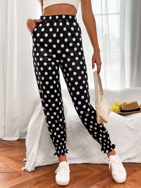 

polka dot print shirred ruffle hem pants 50sq#, Black;white
