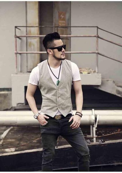 

men's vests cotton and linen vest single-breasted casual suit wedding clothing, Black;white