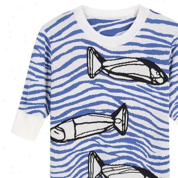 

autumn women sweater arrival blue striped fish half sleeve knitted pullovers o neck slim, White;black