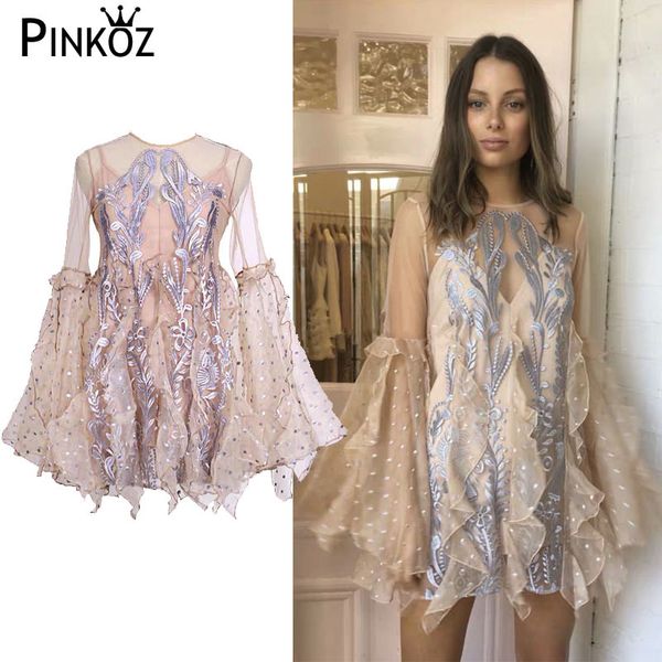 

designer style luxury celebrity flower embroideried flare long sleeve a-line loose party casual beach mini dress vestido 210421, Black;gray