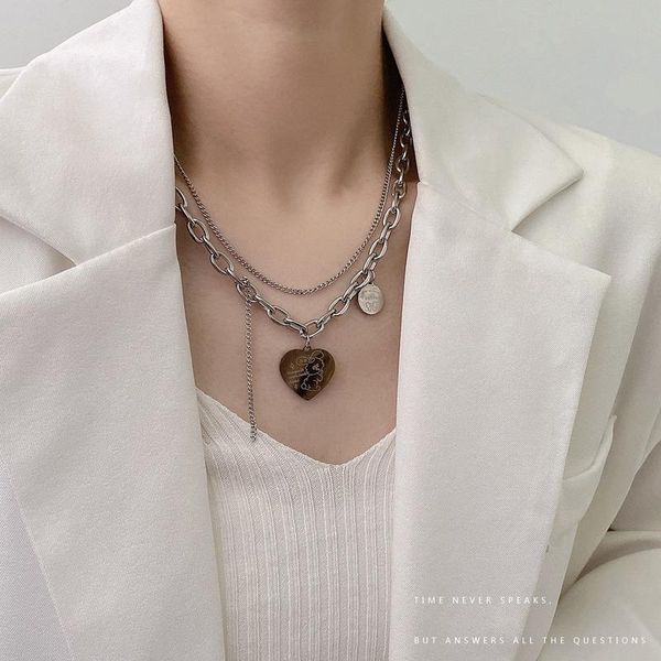 

chains heart necklaces woman multilayer necklace women simple girl hiphop fashion jewelry stainless steel trendy party metal naszyjnik, Silver