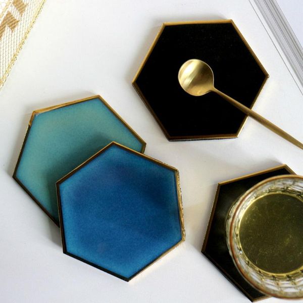

table runner nordic hexagon gold-plated ceramic placemat heat insulation porcelain mats pads decoration