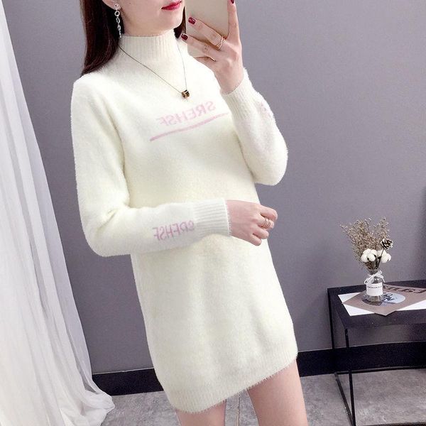 

women's sweaters pullover knit midi dress imitation mink fleece sweater ladies loose half high neck knitted bottoming shirt casual, White;black