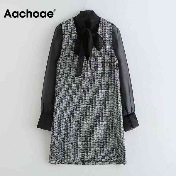 Aachoae Mini abito elegante da donna in patchwork di maglia Abito elegante con papillon elegante da ufficio Abito lungo trasparente a maniche lunghe 210413