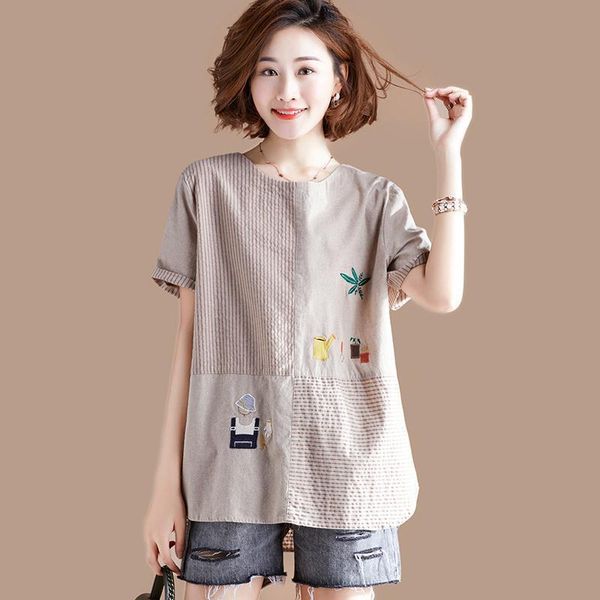 

summer fashion long sleeve womens o neck short patchwork stripe loose casual tee shirt femme cotton linen plus size, White