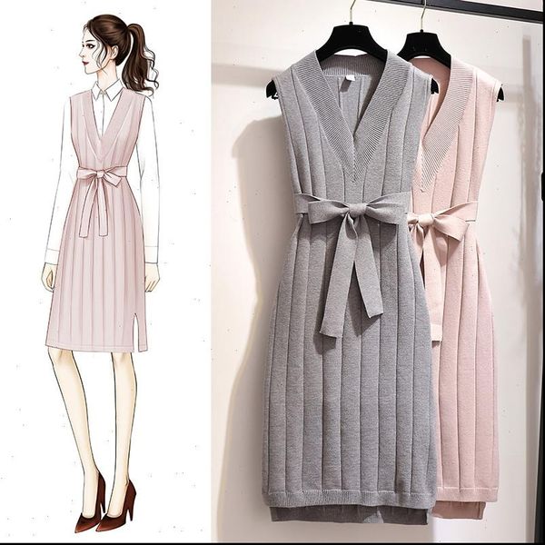 

womens dress women elegant sweater dresses autumn v neck striped sashes sleeveless loose knitted casual plus size high quality, Black;gray