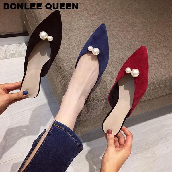 

slippers 2021 fashion brand women pointed toe flat casual shoes slip on slides elegant pearl mules outdoor mujer, Black
