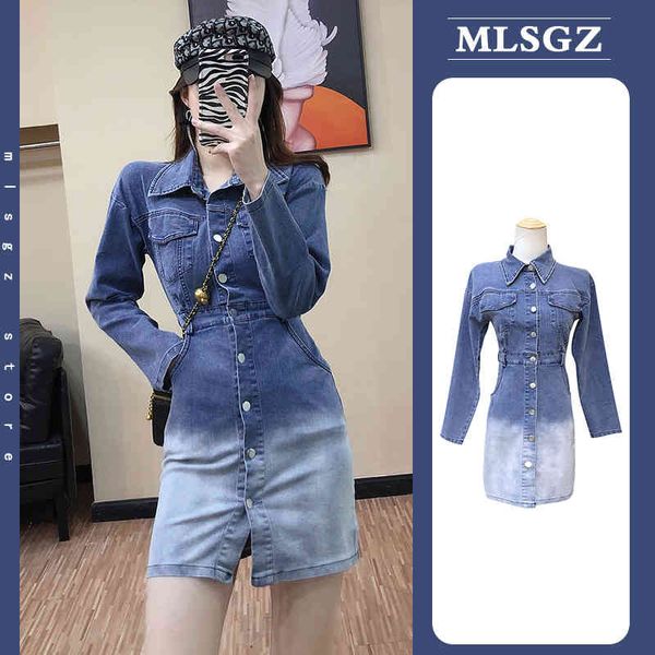 

casual dresses korean style temperament slim gradient denim bag hip skirt female spring single-breasted long-sleeved dress 3md3, Black;gray