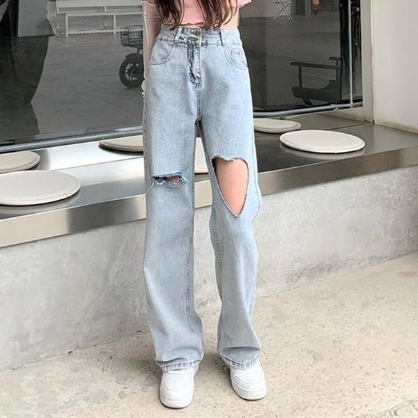 

women's jeans women casual straight thin summer heart-hole bf design high-waist clothing pantalones denim hollow out streetwear, Blue
