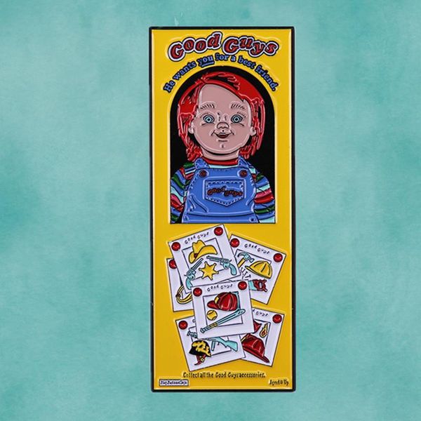 

pins, brooches chucky in good guy box enamel pin he wants you for a friend serial killer brooch horror halloween badge, Gray